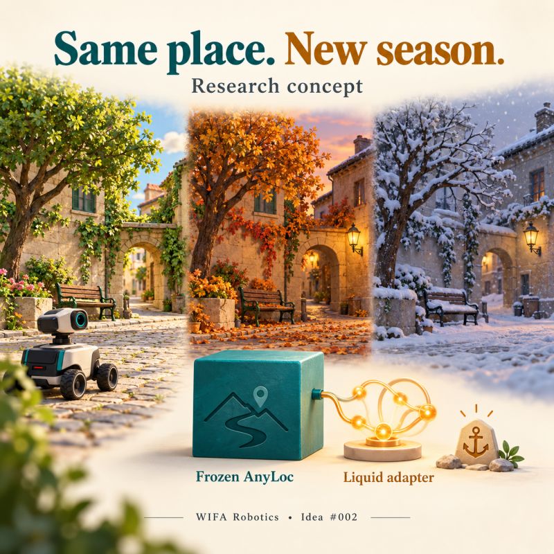 Research concept: a robot recognizes the same street corner across seasons using frozen AnyLoc features, a proposed liquid adapter and trusted anchors.