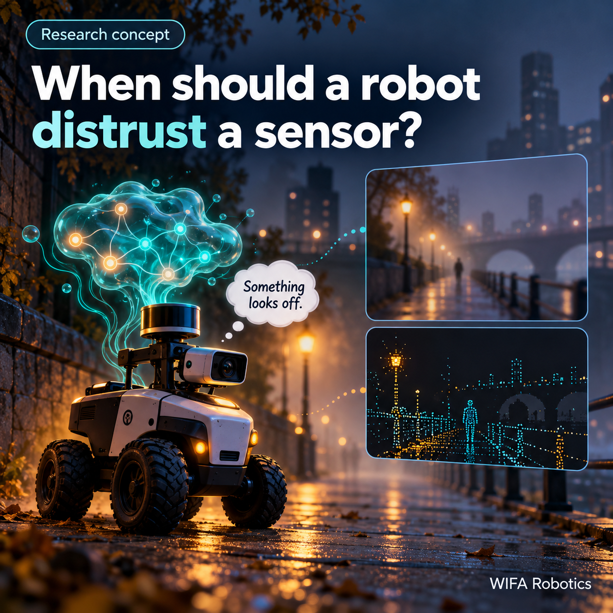 Concept illustration for WIFA Robotics idea 003. A wheeled robot with camera and LiDAR looks at a misty city path, beside blurry imagery and sparse point clouds. Headline: When should a robot distrust a sensor? A neural motif represents a proposed liquid network reliability gate. This is an untested research concept, not measured results.